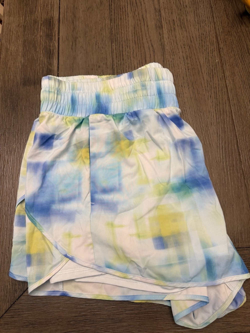 Avia Women’s Tie-Dye Athletic Shorts in Blue, Yellow, White